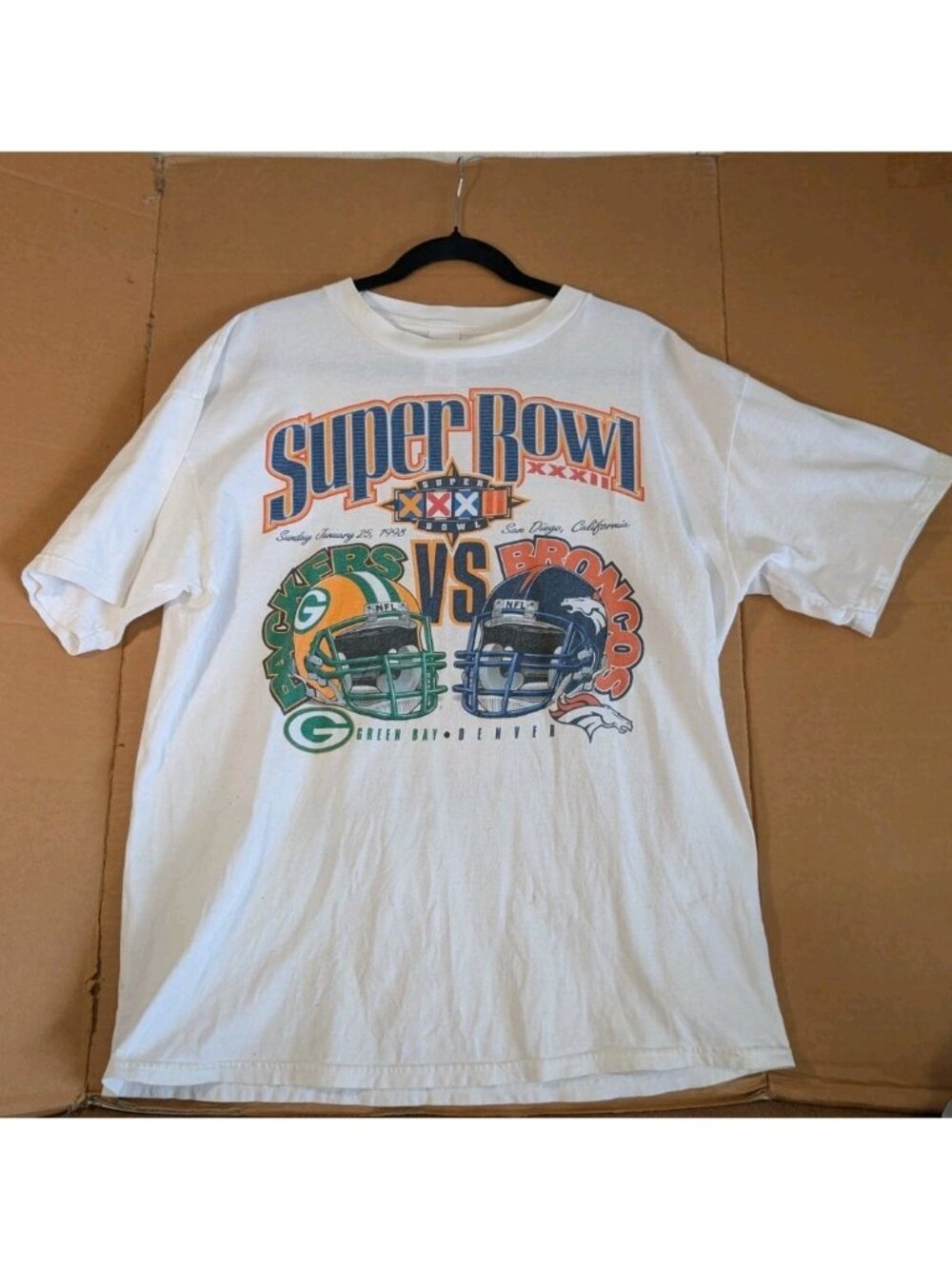 Vintage Denver Broncos Green Bay Packers XL Shirt 1998 Super Bowl XXXII Helmet